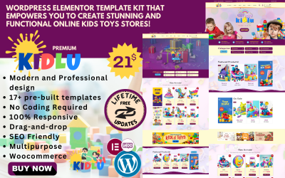 Kidlu — zestaw szablonów WooCommerce Elementor dla sklepów z zabawkami, odzieżą i modą