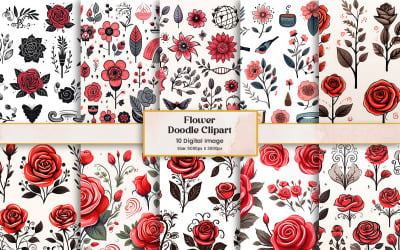 Valentin-napi doodle, szív szerelem matrica clipart, virág elemek dekorációs háttér halmaza