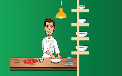 Chef che cucina e prepara il pasto in cucina su sfondo verde
