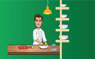 Chef cocinando y preparando comida en la cocina con fondo verde