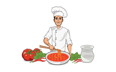 Chef feliz cozinhando sopa de macarrão com ilustração de arte de desenho animado de pauzinhos.