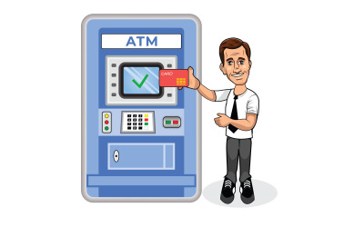 Człowiek za pomocą karty kredytowej w ilustracji wektorowych bankomatu