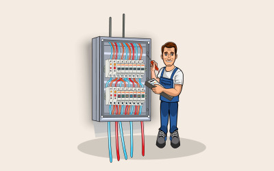 Elektryk sprawdzający ilustrację wektorową skrzynki wyłącznika wyłącznika