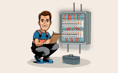 Eletricista verificando cabos do painel de distribuição Ilustração