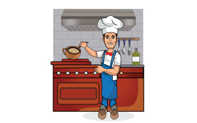 Hombre cocinando en la cocina. Ilustración vectorial.