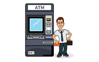 Homem feliz com conceito de ATM e segurando uma ilustração vetorial de bolsa