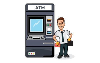 快乐的人，有 ATM 概念，拿着袋子矢量图