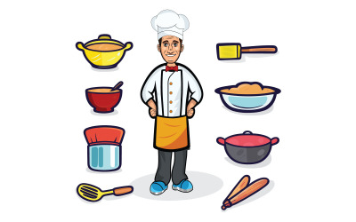 Персонаж шеф-повара с векторной иллюстрацией элементов оборудования