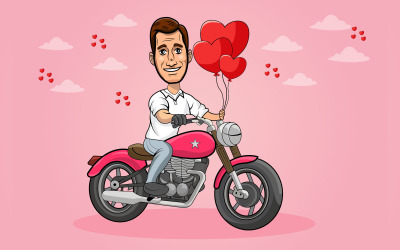 Uomo felice che guida una moto con illustrazione a forma di cuore