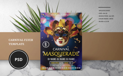 Modello di volantino per invito a una festa di carnevale. Parola e PSD