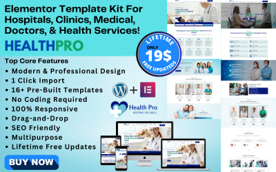 Hastane, Klinik ve Sağlıkla İlgili İşletmeler için Health-Pro Elementor WordPress şablon seti