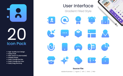 Pacote de ícones da interface do usuário estilo preenchido com gradiente 3