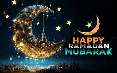 Saludo de Ramadán | feliz Ramadán mubarak | ramadán mubarak con la ciudad de la luna | Bandera de Ramadán