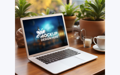 Laptop screen mockup on wooden table, laptop presentation mockup,
