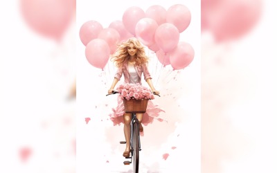 Dziewczyna na rowerze z różowym balonem świętuje Walentynki 01
