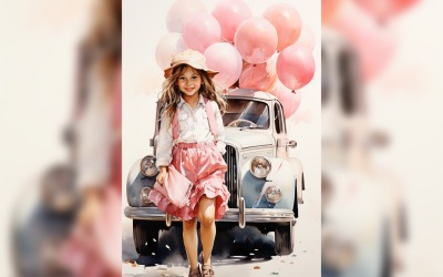 Flicka på blå retrobil med rosa ballong som firar alla hjärtans dag 03