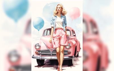 Flicka på rosa retrobil med rosa ballong som firar alla hjärtans dag 06