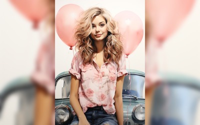 Girl on Blue Retro car with Pink Balloon Celebrating Valentine day 02
