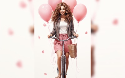 Girl on Cycle with Pink Balloon Celebrating Valentine day  08