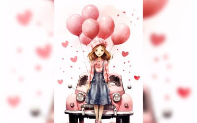 Girl on Pink Retro car with Pink Balloon Celebrating Valentine day 02