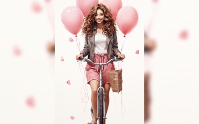 Tjej på cykel med rosa ballong som firar alla hjärtans dag 08