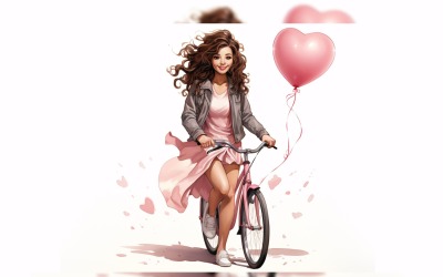 Garota de bicicleta com balão rosa comemorando o dia dos namorados 21