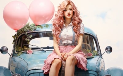 Pembe Balonlu Mavi Retro Arabadaki Kız Sevgililer Günü 08&amp;#39;i Kutluyor