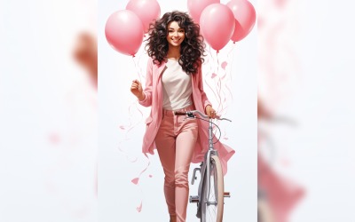 Ragazza in bicicletta con palloncino rosa festeggia San Valentino 18