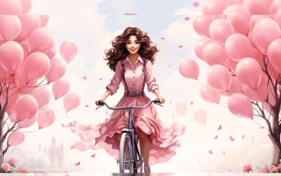 Ragazza in bicicletta con palloncino rosa festeggia San Valentino 25