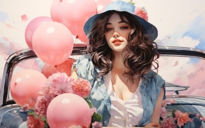Ragazza su un&amp;#39;auto retrò blu con palloncino rosa festeggia San Valentino 09