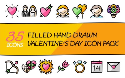Drawniz – többcélú Valentin-napi ikoncsomag, kitöltött kézzel rajzolt stílusban