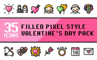 Pixliz – Többcélú Valentin-napi ikoncsomag kitöltött pixel stílusban