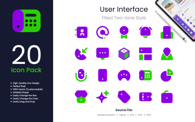 Pacchetto icone interfaccia utente riempito in stile bicolore 3