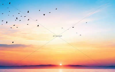 Abstrakter, schöner, friedlicher Sommerhimmel, Hintergrund, Sonnenaufgang, neuer Tag und fliegender Vogelschwarm 01
