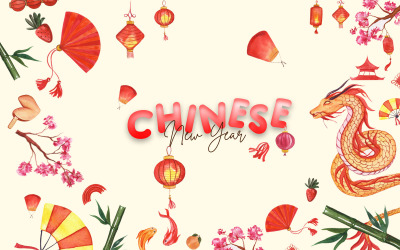Akvarelluppsättning för kinesiskt nyår