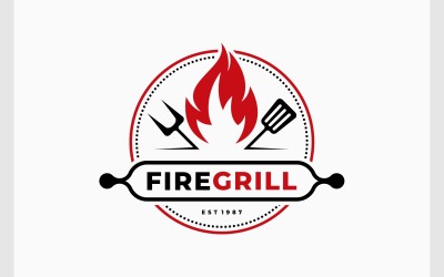 Logotipo de barbacoa de cocinero de parrilla caliente de fuego