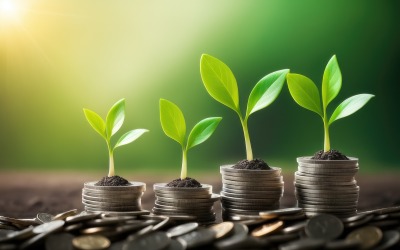 Piante aziendali premium che coltivano su monete impilate, sfondi di immagini stock