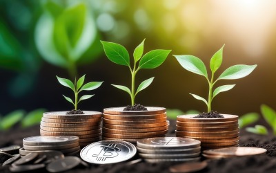 Piante da coltivazione aziendali premium su sfondi impilati di monete