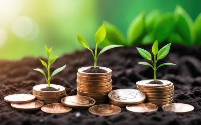 Plantas de cultivo de negocios premium en monedas apiladas en imagen de stock borrosa verde Diseño de fondo