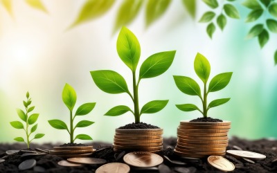Plantes en croissance d&amp;#39;affaires haut de gamme sur des pièces empilées sur fond vert flou