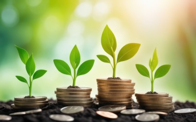 Premium Business Growing Plants on Coins Stacked on Blurred Backgrounds
