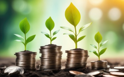 Premium Business Yığılmış Paralar Üzerinde Bitkiler Büyüyor, Hazır Görüntü Arka Planı