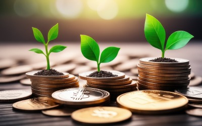 Premium Premium Business groeiende planten op gestapelde munten, stock afbeelding achtergrond