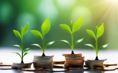 Premium Business Yeşil Bulanık Arka Planda Yığılmış Paralar Üzerinde Bitki Yetiştiriyor 30