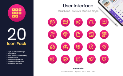 Pacote de ícones da interface do usuário estilo de contorno circular gradiente 3
