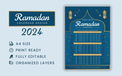 Бесплатный дизайн календаря Рамадана на 2024 год.