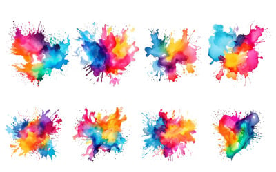 Colorful rainbow watercolor paint splash explosion transparent png background set