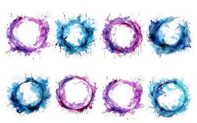 Conjunto de moldura de círculo colorido em aquarela e explosão de respingos de tinta arco-íris