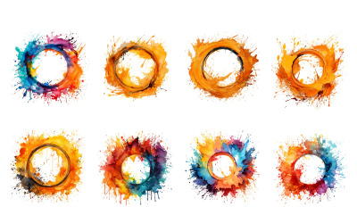 Pintura abstracta de colores del arco iris y fondo de marco de círculo de salpicaduras de acuarela