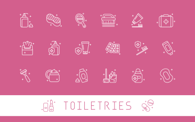 Набор из 20 иконок туалетных принадлежностей в контурном стиле. изолированный на белом фоне